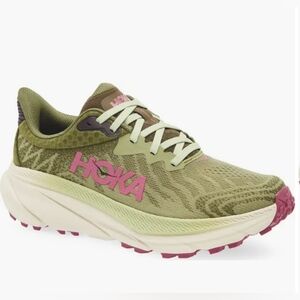 Size 11 D Women's HokaChallenger 7  Olive Green Running Shoe with Pink Accents